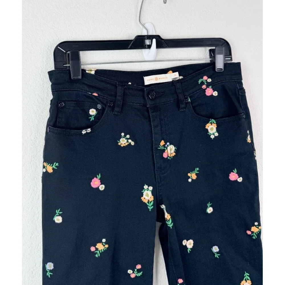 Tory Burch Floral Embroidered Skinny Ankle Jeans Womens 26 Black Boho Hippie Y2K